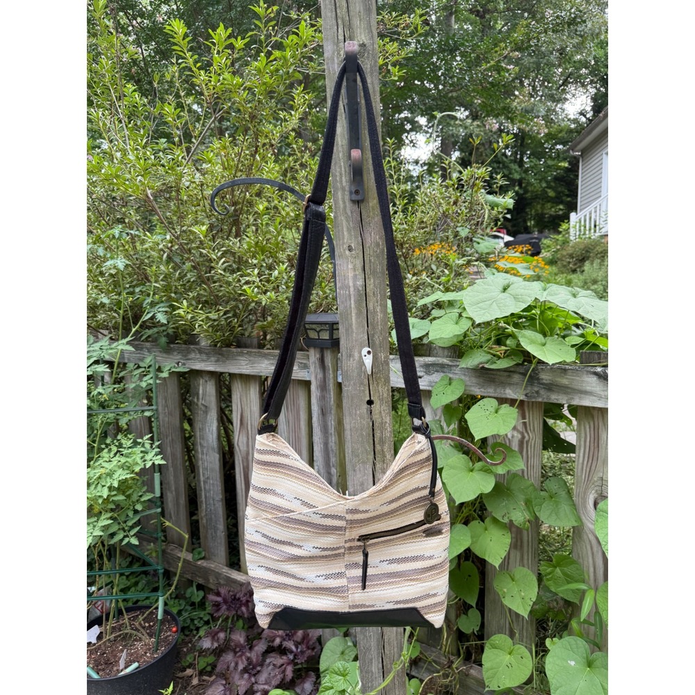Pistil Women Striped Woven Crossbody Bag Brown Tan Faux Leather Trim Hobo Purse